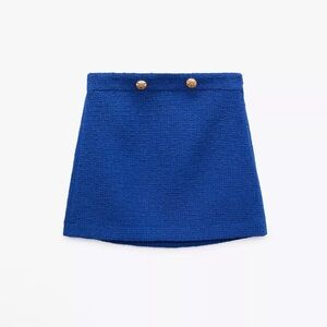 Zara Blue Tweed Textured Mini Skirt with Gold Buttons XS